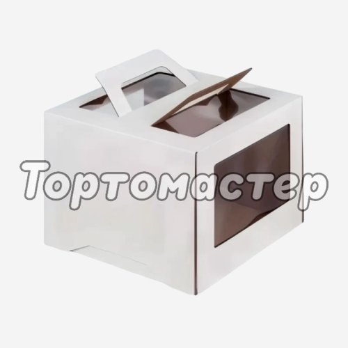 Коробка для торта с окном и ручками белая 20х20х15 см 
